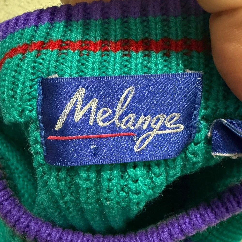 Vintage Melange 90s Teal Sweater Striped Cable Knit Crew Neck Womens Medium
